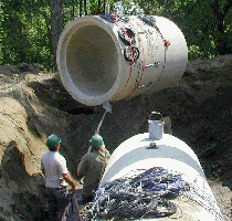 Workers burying pipes in ground